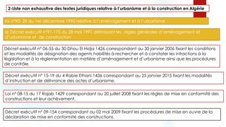 Décret exécutif n° 15-19 du 4 Rabie Ethani 1436 correspondant au 25 janvier 2015 fixant les modalités
d’instruction et de délivrance des actes d’urbanisme.
Loi n° 08-15 du 17 Rajab 1429 correspondant au 20 juillet 2008 fixant les règles de mise en conformité des
constructions et leur achèvement.
2-Liste non exhaustive des textes juridiques relative à l’urbanisme et à la construction en Algérie
Décret exécutif n° 09-154 correspondant au 02 mai 2009 fixant les procédures de mise en ouvre de la
déclaration de mise en conformité des constructions.
Décret exécutif n° 06-55 du 30 Dhou El Hidja 1426 correspondant au 30 janvier 2006 fixant les conditions
et les modalités de désignation des agents habilités à rechercher et à constater les infractions à la
législation et à la règlementation en matière d’aménagement et d’urbanisme ainsi que les procédures
de contrôle.
loi n°90- 29 du 1er décembre 1990 relative à l’aménagement et à l’urbanisme
le Décret exécutif n°91-175 du 28 mai 1991 définissant les règles générales d’aménagement et
d’urbanisme et de construction
 