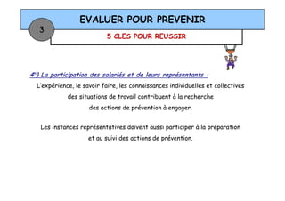 5 CLES POUR REUSSIR
EVALUER POUR PREVENIR
3
4°) La participation des salariés et de leurs représentants :
L’expérience, le savoir faire, les connaissances individuelles et collectives
des situations de travail contribuent à la recherche
des actions de prévention à engager.
Les instances représentatives doivent aussi participer à la préparation
et au suivi des actions de prévention.
 
