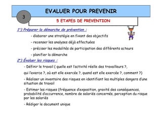 5 ETAPES DE PREVENTION
EVALUER POUR PREVENIR
3
1°) Préparer la démarche de prévention :
- élaborer une stratégie en fixant des objectifs
- recenser les analyses déjà effectuées
- préciser les modalités de participation des différents acteurs
- planifier la démarche
2°) Évaluer les risques :
- Définir le travail ( quelle est l’activité réelle des travailleurs ?,
qui l’exerce ?, où est elle exercée ?, quand est elle exercée ?, comment ?)
- Réaliser un inventaire des risques en identifiant les multiples dangers d’une
situation de travail
- Estimer les risques (fréquence d’exposition, gravité des conséquences,
probabilité d’occurrence, nombre de salariés concernés, perception du risque
par les salariés
- Rédiger le document unique
 