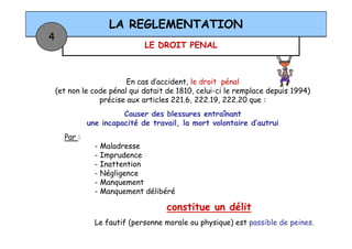LE DROIT PENAL
LA REGLEMENTATION
4
En cas d’accident, le droit pénal
(et non le code pénal qui datait de 1810, celui-ci le remplace depuis 1994)
précise aux articles 221.6, 222.19, 222.20 que :
Causer des blessures entraînant
une incapacité de travail, la mort volontaire d’autruiune incapacité de travail, la mort volontaire d’autrui
Par :
- Maladresse
- Imprudence
- Inattention
- Négligence
- Manquement
- Manquement délibéré
constitue un délit
Le fautif (personne morale ou physique) est passible de peines.
 