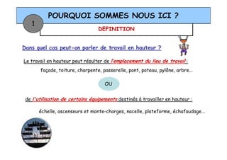DEFINITION
POURQUOI SOMMES NOUS ICI ?
1
Dans quel cas peut-on parler de travail en hauteur ?
Le travail en hauteur peut résulter de l’emplacement du lieu de travail :
façade, toiture, charpente, passerelle, pont, poteau, pylône, arbre...
de l'utilisation de certains équipements destinés à travailler en hauteur :
OU
échelle, ascenseurs et monte-charges, nacelle, plateforme, échafaudage...
 