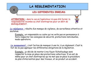 LES DIFFERENTES ERREURS
LA REGLEMENTATION
4
ATTENTION : dans le cas où l’opérateur n’a pas été formé, la
responsabilité incombe au chef d’entreprise pour un délit de
MANQUEMENT.
La négligence : résulte d’un manque de vigilance, de surveillance attentive et
soutenue.
Exemple : un responsable ou cadre qui ne veille pas en permanence àExemple : un responsable ou cadre qui ne veille pas en permanence à
faire respecter les consignes de sécurité, protections individuelles,
mode opératoire.
Le manquement : c’est l’action de manquer à une loi, à un règlement. C’est le
fait de ne pas appliquer les différentes obligations de la législation.
Exemple : je décide de monter à ma façon l’échafaudage sans
respecter la mise en place des protections collectives. Il en est de
même pour un chef d’entreprise qui ne met pas en place la procédure
du plan d’intervention pour des travaux, et se produit un accident.
 
