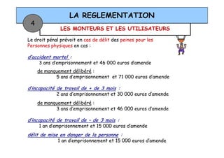LES MONTEURS ET LES UTILISATEURS
LA REGLEMENTATION
4
Le droit pénal prévoit en cas de délit des peines pour les
Personnes physiques en cas :
d’accident mortel :
3 ans d’emprisonnement et 46 000 euros d’amende
de manquement délibéré :
5 ans d’emprisonnement et 71 000 euros d’amende5 ans d’emprisonnement et 71 000 euros d’amende
d’incapacité de travail de + de 3 mois :
2 ans d’emprisonnement et 30 000 euros d’amende
de manquement délibéré :
3 ans d’emprisonnement et 46 000 euros d’amende
d’incapacité de travail de – de 3 mois :
1 an d’emprisonnement et 15 000 euros d’amende
délit de mise en danger de la personne :
1 an d’emprisonnement et 15 000 euros d’amende
 