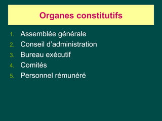Organes constitutifs

1.   Assemblée générale
2.   Conseil d’administration
3.   Bureau exécutif
4.   Comités
5.   Personnel rémunéré
 