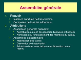 Assemblée générale
1.   Pouvoir
        Instance suprême de l’association
        Composée de tous les adhérents
2.   Attributions
        Assemblée générale ordinaire:
            Approbation ou rejet des rapports d’activités et financier
            Nomination ou renouvellement des membres du bureau
        Assemblée extraordinaire :
            Modification des statuts
            Dissolution de l’association
            Adhésion d’une association à une fédération ou un
             réseau
 