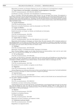 8686                       BELGISCH STAATSBLAD — 07.02.2012 — MONITEUR BELGE

           Memorialen en kasboek van Christiaan Tillemans, die zich als vleeshouwer in de Kuiperstraat vestigde;
           115o James Dormer en de Keizerlijke en Koninklijke Verzekeringskamer te Antwerpen :
           1729-1777; inventarisnummers : IB # 1596-1813, IB-SUPL # 11
           Grootboeken, journalen, memorialen, brievenkopijboeken, handelsbriefwisseling,...
            De op 6 december 1708 (Idworth) geboren James Dormer zou een bewogen leven kennen. Hij studeerde in
       Saint-Omer waarna hij in de leer ging bij het handelshuis Porter in Brugge. In 1731 trok hij naar Kanton (China) voor
       zaken en drie jaar later vinden we hem in Antwerpen terug. Het gamma producten waarin Dormer handelde was erg
       uitgebreid. Zijn voornaamste handelswaar : diamanten. In 1754 zou James Dormer een Verzekeringskamer oprichten
       die ook bankactiviteiten verrichtte. Na zijn dood in 1758 zette zijn weduwe Joanna Goubau, samen met stiefzoon Jacob
       Albert de handel verder;
           116o Jacobus Peuttemans :
           1730-1750; inventarisnummers : IB # 2911
           Memoriaal van Jacobus Peuttemans, actief als schoenmaker van 1730 tot 1750;
           117o Gaspar van Merlen :
           1731-1743; inventarisnummers : IB # 2892
           Bundel documenten van Gaspar van Merlen, een boekhouder uit Antwerpen;
           118o G.Verboven :
           1732-1745; inventarisnummers : IB # 2934
           Memoriaal van gisthandelaar G. Verboven;
           119o Antoon Dom en weduwe :
           1733-1771; inventarisnummers : IB # 1551-1559, IB-SUPL # 10, 12-14, 30-37
           Memorialen, briefwisseling en rekeningen van Antoon Dom. Hij werd omstreeks 1699 in Aartselaar geboren en
       was tijdlang koetsier van de baron van Nevelstein. Later werd hij winkelier en koopman in specerijen en eetwaren.
       Aanvankelijk zien we een vennootschap tussen Antoon Dom en diens broer (eveneens winkelier) Jan Dom. Na de dood
       van Antoon zette zijn weduwe Maria De Roeck de handel verder;
           120o Hoffinger :
           1734-1752; inventarisnummers : IB # 2354-2372
           Memorialen, handels- en familiebriefwisseling, rekeningen en kwitanties.
           Maria Theresia Hoffinger vestigde aan de Lange Klarenstraat een damesmodehuis. Later werd de zaak verder
       gezet door zoon Hendrik Jozef Hoffinger, die uit Brussel was verhuisd;
           121o J.P. van Baurscheit :
           1736-1766; inventarisnummers : IB # 2953-2955
           Jan Pieter van Baurscheit jr. (Antwerpen, 1699-1768) was net als zijn vader eerst beeldhouwer maar ging zich na
       diens dood steeds meer specialiseren in de architectuur. Hij was zowel binnenhuisarchitect als architect. Hij mocht
       verschillende adellijke personen tot zijn cliënteel rekenen. In deze boedel vinden we rekeningen uit 1736;
           122o Ignatius van der Boven :
           1738-1742; inventarisnummers : IB # 1946
           Dit notitieboek bevat de schulden van Ignatius van der Boven;
           123o Wagemans :
           1738-1778; inventarisnummers : IB # 2350-2351
           Adriaan Wagemans was werkzaam als hovenier en diens zoon Jan Baptist als wijntavernier. Van beide familieleden
       hebben we brieven, rekeningen en andere documenten overgeleverd gekregen;
           124o Jozef de Fossez :
           1741-1762; inventarisnummers : IB # 2819-2820
           Naast een memoriaal van stoffenhandelaar Jozef de Fossez, wordt er in deze boedel ook een memoriaal bewaard
       van een andere, onbekende handelaar;
           125o Huis de Wolf :
           1741-1791; inventarisnummers : IB # 2288-2313
           Grootboeken, journalen, briefwisseling, rekeningen,...
           Lakenhandelaar Jan Frans de Wolf importeerde voornamelijk laken vanuit Engeland (regio Norwich). Na zijn dood
       nam zoon Jan Baptist de zaak over. Hij zou tweemaal een vennootschap stichten (1765 en 1782). Hij was ook
       rentmeester en tweede tresaurier in het stadsbestuur tussen 1772 en 1790. De aanwending van overheidsgelden in zijn
       zaken leidde in 1790 tot een bankroet;
           126o Blomme :
           1742-1770; inventarisnummers : IB # 2959
           Grootboek van handelaar Blomme;
           127o Frans Cornelissen :
           1743-1756; inventarisnummers : IB # 2429
           Memoriaal van Frans Cornelissen, een koopman in leder;
           128o Onbekende insolvente boedel :
           1743-1758; inventarisnummers : IB # 2957
           Klappeiboek van uitgaande kanten;
 