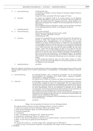 BELGISCH STAATSBLAD — 07.02.2012 — MONITEUR BELGE                                                        8689

3o   a)   korte beschrijving :          SV-4B OO-EIR/1144.
                                        Lesvliegtuig, tweedekker, ontwerp Stampe & Vertongen, Belgisch fabricaat,
                                        bouwjaar 1948.
                                        Lengte 6,80 meter, spanwijdte 8,38 meter, hoogte 2,77 meter;
     b)   motivatie :                   de oudste nog vliegende SV-4B in de correcte kleuren van de Belgische
                                        Luchtmacht geschilderd waarmee het op 18 augustus 1948 werd afgeleverd.
                                        Tijdens zijn carrière heeft het vliegtuig nooit zware schade geleden en is
                                        bijgevolg in belangrijke mate origineel. De testvlucht gebeurde in handen van
                                        Jean Stampe.
                                        De tweeddekker heeft een bijzondere waarde voor het collectieve geheugen
                                        als hét opleidingstoestel bij uitstek van de Belgische luchtvaart;
     c)   eigendomssituatie :           privébezit;
 o
4    a)   korte beschrijving :          Tipsy Trainer OO-EOT.
                                        Eenmotorig sportvliegtuig met duozit, open cockpit.
                                        Lengte : 6,6 meter, spanwijdte 9,5 meter.
                                        Groot-Brittannië, 1946;
     b)   motivatie :                   de Tipsy B is een geesteskind van de ontwerper Ernest Oscar Tips (geboren te
                                        Tielrode in 1893). Deze speelde een zeer voorname rol in één van de
                                        belangrijkste Britse vliegtuigfabrieken van het Interbellum. Hij was chief
                                        engineer in de Fairey Aviation Company, en zorgde mee voor de inplanting
                                        van een Belgisch ﬁliaal in Gosselies, dat voor en na de Tweede Wereldoorlog
                                        een belangrijke leverancier was van vliegtuigen aan de Belgische Luchtmacht
                                        en de civiele luchtvaart. Tips ontwierp een aantal toestellen die zijn naam
                                        droegen : onder meer de Tipsy Nipper, de Tipsy S en de Tipsy B. Van deze
                                        laatste werden er voor de Tweede Wereldoorlog in Gosselies 21 exemplaren
                                        gebouwd (in Zweden staat nog één Belgisch exemplaar tentoongesteld) en
                                        kort na de oorlog werd de productie in Groot-Brittannië hervat. Van de Britse
                                        Tipsy B zijn er nog drie luchtwaardig : de G-AFWR, G-AISB en de OO-EOT.
                                        Deze OO-EOT is een interessante herinnering aan een ontwerper van eigen
                                        bodem.
                                        In 2007 ontving het toestel de prijs voor ″Best Belgian Vintage″ en ″Oldest
                                        Vintage Aircraft″. Het is het enige toestel van dit type dat ingeschreven werd in
                                        het Belgische luchtvaartregister;
     c)   eigendomssituatie :           privébezit.


Art. 2. De volgende verzameling van roerende goederen wordt als voorlopige maatregel opgenomen in de lijst van het
roerend cultureel erfgoed van de Vlaamse Gemeenschap in hoofdafdeling 2, verzamelingen; afdeling 2, historisch
erfgoed :

a)   korte beschrijving :          Jan Olieslagerscollectie : deze verzameling memorabilia van de legendarische
                                   luchtvaartpionier Jan Olieslagers bevat kledij, bekers, sculpturen, medailles,
                                   instrumenten en vliegtuigonderdelen.
                                   De collectie bevat 23 items, als vermeld in de bijlage die bij dit besluit is gevoegd;
b)   motivatie :                   Jan Olieslagers (Antwerpen, 1883, Berchem, 1942) was eerst beroemd als wielrenner
                                   en motorrijder vooraleer hij zich in de vliegerij begaf. Met zijn vergaard fortuin
                                   schafte hij zich in 1909 bij Louis Bleriot een ééndekker aan waarmee hij in 1909 aan
                                   de Antwerpse Vliegweek deelnam. Als piloot behaalde hij diverse records. Tijdens
                                   de Eerste Wereldoorlog vocht hij als jachtpiloot en behaalde hij zes officiële
                                   overwinningen. Na de oorlog speelde hij een instrumentale rol in de oprichting van
                                   een luchthaven voor de metropool, die in Deurne gevestigd werd.
                                   Deze collectie heeft aldus een bijzondere waarde voor het collectieve geheugen met
                                   betrekking tot het oorlogsvoering in de lucht voor Vlaanderen (de pionierstijd en de
                                   exploten van de volksheld Jan Olieslagers).
                                   Ook de schakelfunctie is belangrijk voor de ontwikkeling van de luchtvaart voor de
                                   Eerste Wereldoorlog;
c)   eigendomssituatie :           privébezit.


                        Bijlage. Lijst met goederen die behoren tot de Jan Olieslagerscollectie
     De volgende goederen behoren tot de Jan Olieslagerscollectie, vermeld in artikel 2 :
     1o lederen jas en geruite pet die Jan Olieslagers tijdens zijn vluchten droeg;
     2o truitje dat Jan Olieslagers tijdens zijn wielerwedstrijden behaalde;
     3o barometer-hoogtemeter;
     4o 2 armbanden;
     5o beker ″Ayuntamiento de Barcelona 1910 - Semana de aviacion″;
     6o barograaf met aantekening ″Tilburg, 31 augustus 1913″;
     7o beker ″à notre ami Jean Olieslagers en souvenir de ses premiers boucles - Anvers les 24 et 25 janvier 1914″;
     8o beker ″au plus long vol gagnée par Jean Olieslagers″;
     9o beker;
     10o ″premio del commercio - aviazione maggio 1910 - guadagnato per Jan Olieslagers″;
     11o beker ″ter herg. Aan de Rooterd. Vliegweek, 19-28 september 1910, aangeb. aan Jan Olieslagers van impresario
P. Strengholt″;
 