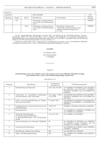 BELGISCH STAATSBLAD — 07.02.2012 — MONITEUR BELGE                                                         8617

NACE (1)
Abschnitt F                                 BAUGEWERBE                                                                               CPV-
                                                                                                                                   Referenz-
Abteilung      Gruppe          Klasse       Beschreibung                           Anmerkungen                                     nummer
                 45.5                       Vermietung von Baumaschinen                                                            45500000
                                            und -geräten mit Bedienungsper-
                                            sonal
                                45.50       Vermietung von Baumaschinen            Diese Klasse umfasst nicht:                     45500000
                                            und -geräten mit Bedienungsper-        - Vermietung von Baumaschinen und
                                            sonal                                  -geräten ohne Bedienungspersonal
                                                                                   (s. 71.32)


                 (1) Bei unterschiedlichen Auslegungen zwischen CPV und NACE hat die NACE-Nomenklatur Vorrang -
             Verordnung (EWG) Nr. 3037/90 des Rates vom 9. Oktober 1990 betreffend die statistische Systematik der
             Wirtschaftszweige in der Europäischen Gemeinschaft (ABl. L 293 vom 24.10.1990, S. 1), geändert durch die Verordnung
             (EWG) Nr. 761/93 der Kommission (ABl. L 83 vom 3.4.1993, S. 1).
                 Gesehen, um dem Gesetz vom 5. August 2011 zur Abänderung des Gesetzes vom 15. Juni 2006 über öffentliche
             Aufträge und bestimmte Bau-, Liefer- und Dienstleistungsaufträge beigefügt zu werden



                                                                 ALBERT
                                                            Von Königs wegen:
                                                            Der Premierminister
                                                               Y. LETERME




                                                                   Anlage II

                 Dienstleistungen, die in den Artikeln 3 und 4 des Gesetzes vom 15. Juni 2006 über öffentliche Aufträge
                                 und bestimmte Bau-, Liefer- und Dienstleistungsaufträge erwähnt sind

                                                             ANLAGE II A (1)

                                                                          CPC-Referenz-
 Kategorie                         Bezeichnung                                                           CPV-Referenznummern
                                                                          nummern (2)
     1            Instandhaltung und Reparatur                       6112, 6122, 633, 886    Von 50100000-6 bis 50884000-5 (außer 50310000-1
                                                                                             bis 50324200-4 und 50116510-9, 50190000-3,
                                                                                             50229000-6, 50243000-0) und von 51000000-9 bis
                                                                                             51900000-1
     2            Landverkehr (3), einschließlich Geldtransport      712 (außer 71235),      Von 60100000-9 bis 60183000-4 (außer 60160000-7,
                  und Kurierdienste, ohne Postverkehr                7512, 87304             60161000-4, 60220000-6) und von 64120000-3 bis
                                                                                             64121200-2
     3            Fracht- und Personenbeförderung im Flugver-        73 (außer 7321)         Von 60410000-5 bis 60424120-3 (außer 60411000-2,
                  kehr, ohne Postverkehr                                                     60421000-5) und 60500000-3, von 60440000-4 bis
                                                                                             60445000-9
     4            Postbeförderung im Landverkehr (4) sowie Luft-     71235, 7321             60160000-7, 60161000-4, 60411000-2, 60421000-5
                  postbeförderung
     5            Fernmeldewesen                                     752                     Von 64200000-8 bis 64228200-2, 72318000-7 und
                                                                                             von 72700000-7 bis 72720000-3
     6            Finanzielle Dienstleistungen:                      ex 81, 812, 814         Von 66100000-1 bis 66720000-3
                  a) Versicherungsdienstleistungen
                  b) Bankdienstleistungen und Wertpapierge-
                  schäfte
     7            Datenverarbeitung und verbundene Tätigkeiten       84                      Von 50310000-1 bis 50324200-4, von 72000000-5
                                                                                             bis 72920000-5 (außer 72318000-7 und von
                                                                                             72700000-7 bis 72720000-3), 9342410-4
     8            Forschung und Entwicklung                          85                      Von 73000000-2 bis 73436000-7 (außer 73200000-4,
                                                                                             73210000-7, 73220000-0)
     9            Buchführung, -haltung und -prüfung                 862                     Von 79210000-9 bis 79223000-3
     10           Markt- und Meinungsforschung                       864                     Von 79300000-7 bis 79330000-6 und 79342310-9,
                                                                                             79342311-6
 