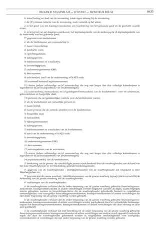 BELGISCH STAATSBLAD — 07.02.2012 — MONITEUR BELGE                                                 8633

    h) totaal bedrag en doel van de investering, totale eigen inbreng bij de investering;
    i) de CO2-emissie reductie van de investering, zoals vermeld op het attest;
    j) in het geval van een leasingovereenkomst, een beschrijving van het geleasede goed en de geschatte waarde
ervan;
    k) in het geval van een leasingovereenkomst, het kapitaalsgedeelte van de aankoopoptie of kapitaalsgedeelte van
de restwaarde van het geleasede goed;
    2° gegevens over kredietnemer :
    a) als de kredietnemer een vennootschap is :
    1) naam vennootschap;
    2) juridische vorm;
    3) oprichtingsdatum;
    4) adresgegevens;
    5) telefoonnummer en e-mailadres;
    6) investeringsplaats;
    7) ondernemingsnummer KBO;
    8) btw-nummer;
    9) activiteit(en), aard van de onderneming of NACE-code;
    10) eventueel bestaand registratienummer;
    11) starter (iedere zelfstandige en/of vennootschap die nog niet langer dan drie volledige kalenderjaren is
ingeschreven bij de Kruispuntbank van Ondernemingen);
    12) zaakvoerder(s), bestuurder(s), en/of gedelegeerd bestuurder(s) van de kredietnemer : voor- en achternaam,
geboortedatum en burgerlijke staat;
    13) personen die de (gezamenlijke) controle over de kredietnemer voeren;
    b) als de kredietnemer een natuurlijke persoon is :
    1) naam bedrijf;
    2) naam persoon die de controle uitoefent over de kredietnemer;
    3) burgerlijke staat;
    4) nationaliteit;
    5) rijksregisternummer
    6) adresgegevens;
    7) telefoonnummer en e-mailadres van de kredietnemer;
    8) aard van de onderneming of NACE-code;
    9) investeringsplaats;
    10) ondernemingsnummer KBO;
    11) btw-nummer;
    12) aanvangsdatum van de activiteiten;
    13) starter (iedere zelfstandige en/of vennootschap die nog niet langer dan drie volledige kalenderjaren is
ingeschreven bij de Kruispuntbank van Ondernemingen);
    14) exploitatiezetel(s) van de kredietnemer;
    3° berekening van de premie : de verschuldigde premie wordt berekend door de waarborghouder, aan de hand van
het door Waarborgbeheer nv ter beschikking gestelde berekeningsmodel;
   4° gegevens van de waarborghouder : identiﬁcatienummer van de waarborghouder dat toegekend is door
Waarborgbeheer nv;
    5° gegevens van de groene waarborg : identiﬁcatienummer van de groene waarborg (oproep) dat is vermeld bij de
toekenning van de groene waarborg aan de waarborghouder;
    6° verklaringen van de waarborghouder :
     a) de waarborghouder verklaart dat de onder toepassing van de groene waarborg gebrachte ﬁnancieringsover-
eenkomsten, leasingovereenkomsten of andere verrichtingen worden toegekend conform de regels, daarin begrepen
interne gebruiken, normen en beoordelingscriteria, die de waarborghouder gebruikelijk hanteert in vergelijkbare
omstandigheden voor soortgelijke ﬁnancieringsovereenkomsten, leasingovereenkomsten of andere verrichtingen die
niet onder toepassing van de groene waarborg worden gebracht;
    b) de waarborghouder verklaart dat de onder toepassing van de groene waarborg gebrachte ﬁnancieringsover-
eenkomsten, leasingovereenkomsten of andere verrichtingen worden goedgekeurd door het gebruikelijke beslissings-
orgaan dat ﬁnancieringsovereenkomsten, leasingovereenkomsten of andere verrichtingen van deze omvang en deze
aard goedkeurt;
    c) de waarborghouder verklaart dat met betrekking tot de onder toepassing van de groene waarborg gebrachte
ﬁnancieringsovereenkomsten, leasingovereenkomsten of andere verrichtingen een analyse wordt opgesteld conform de
regels die door de waarborghouder gehanteerd worden in vergelijkbare omstandigheden voor soortgelijke
overeenkomsten of verrichtingen die niet onder toepassing van de groene waarborg worden gebracht;
 