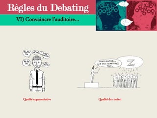Règles du Debating
VI) Convaincre l’auditoire…
Qualité argumentative Qualité du contact
 