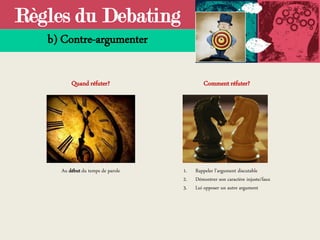 Règles du Debating
b) Contre-argumenter
Quand réfuter? Comment réfuter?
Au début du temps de parole 1. Rappeler l’argument discutable
2. Démontrer son caractère injuste/faux
3. Lui opposer un autre argument
 