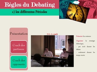 Règles du Debating
c) les différentes Périodes
Présenter les orateurs
Organiser la stratégie
rhétorique,
- par écrit durant les
débats
- oralement durant les
temps morts
Rôle du coach
 