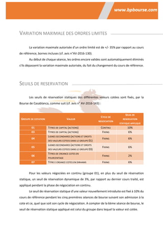 VARIATION MAXIMALE DES ORDRES LIMITES
La variation maximale autorisée d’un ordre limité est de +/- 35% par rapport au cours
de référence, bornes incluses (cf. avis n°AV-2016-130).
Au début de chaque séance, les ordres encore valides sont automatiquement éliminés
s’ils dépassent la variation maximale autorisée, du fait du changement du cours de référence.
SEUILS DE RESERVATION
Les seuils de réservation statiques des différentes valeurs cotées sont fixés, par la
Bourse de Casablanca, comme suit (cf. avis n° AV-2016-143) :
GROUPE DE COTATION VALEUR
CYCLE DE
NEGOCIATION
SEUIL DE
RESERVATION
STATIQUE APPLIQUE
01 TITRES DE CAPITAL (ACTIONS) CONTINU 10%
03 TITRES DE CAPITAL (ACTIONS) FIXING 6%
04
LIGNES SECONDAIRES (ACTIONS ET DROITS
DES VALEURS COTEES DANS LE GROUPE 01)
FIXING 6%
05
LIGNES SECONDAIRES (ACTIONS ET DROITS
DES VALEURS COTEES DANS LE GROUPE 03)
FIXING 6%
06
TITRES DE CREANCE COTES EN
POURCENTAGE
FIXING 2%
07 TITRE E CREANCE COTES EN DIRHAMS FIXING 6%
Pour les valeurs négociées en continu (groupe 01), en plus du seuil de réservation
statique, un seuil de réservation dynamique de 3%, par rapport au dernier cours traité, est
appliqué pendant la phase de négociation en continu.
Le seuil de réservation statique d’une valeur nouvellement introduite est fixé à 10% du
cours de référence pendant les cinq premières séances de bourse suivant son admission à la
cote et ce, quel que soit son cycle de négociation. A compter de la 6ème séance de bourse, le
seuil de réservation statique appliqué est celui du groupe dans lequel la valeur est cotée.
 
