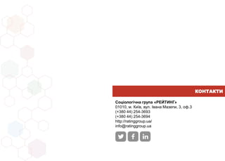 Соціологічна група «РЕЙТИНГ»
01010, м. Київ, вул. Івана Мазепи, 3, оф.3
(+380 44) 254-3693
(+380 44) 254-3694
http://ratinggroup.ua/
info@ratinggroup.ua
КОНТАКТИ
 