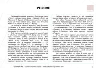 3
РЕЗЮМЕ
За даними дослідження, проведеного Соціологічною групою
«Рейтинг», найвищий рівень довіри у Львівській області має
Н.Савченко, А. Садовий та М.Саакашвілі. Аналогічна ситуація у
Львові, де також високий рівень довіри має А.Гриценко.
Найбільше не довіряють Ю. Бойку та А.Яценюку.
За останній рік найбільше втратили у довірі А.Садовий,
П.Порошенко та А. Яценюк, натомість покращилися показники
Ю.Тимошенко. Загалом по області політики мають дещо вищий
рівень довіри, ніж у Львові.
Якби парламентські вибори проводилися наступної неділі,
то у Львівській області подолати 5% бар’єр могли би наступні
партії: Самопоміч (22,8%), Батьківщина (12,6%), БПП
Солідарність (9,8%), а також Громадянська позиція (6,7%),
Свобода (6,1%), Радикальна партія (5,9%). За партію
М.Саакашвілі «Рух за очищення» проголосували б 4,2%,
Національний рух Д.Яроша 3,1%. Не визначилися – 17%
опитаних. Загалом по області вищі рейтинги має Батьківщина,
БПП Солідарність, Радикальна партія, натомість у місті Львові –
Самопоміч, Громадянська позиція, Партія М.Саакашвілі «Рух за
очищення». Молодь, респонденти з вищою освітою більше
підтримують Самопоміч. Натомість чим старші респонденти, чим
нижчий рівень освіти, тим більша підтримка Батьківщини.
Більше 40% опитаних підтримують перевибори Верховної
Ради та призначення нових виборів Президента, стільки ж – не
підтримують ці ініціативи, 15% - не визначилися.
Найбільш позитивно ставляться до ідеї перевиборів
мешканці Львова, виборці Батьківщини та Громадянської позиції.
Якби вибори Президента України відбулися б наступної
неділі, то за А.Садового віддали б свої голоси 15,9% опитаних,
Ю.Тимошенко – 10,5%, П.Порошенка – 10%, А.Гриценка – 9,8%.
За О.Ляшка проголосували б 5,2%, Д.Яроша – 5,1%, О.Тягнибока
– 3,8%. Не визначилися – 22,6%. За останній рік зросли показники
А.Садового та Ю.Тимошенко. Найбільше втратив у своєму
рейтингу П.Порошенко, також дещо знизилися показники
А.Гриценка.
Більше 40% опитаних задоволені діяльністю міського голови
Львова А.Садового, 56% - незадоволені, не визначилися – 4%.
Роботою Голови Львівської ОДА О.Синютки задоволені 21%
респондентів, не задоволені – 41%, майже 40% – не визначилися
із відповіддю. Кожен десятий задоволений роботою Голови
Львівської обласної ради О.Ганнущина, 30% опитаних –
незадоволені, майже дві третини – не визначилися. Незважаючи
на те, що роботою міського голови Львова А.Садового задоволені
найбільше, за останній рік зафіксовано значне зменшення
кількості прихильників його роботи (з 70 до 41%).
19% опитаних вважають, що справи в Україні йдуть у
правильному напрямку, дві третини – у неправильному, 19% - не
визначилися. Стан справ у Львівській області оцінюють краще:
28% вважають, що справи йдуть у правильному напрямку, 48% - у
неправильному. Майже чверть – не визначилися.
група РЕЙТИНГ | Суспільно-політичні настрої у Львівській області | червень 2016 3
 