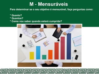 M - Mensuráveis
Para determinar se o seu objetivo é mensurável, faça perguntas como:
* Quanto?
* Quantos?
* Como vou saber quando estará cumprida?
 