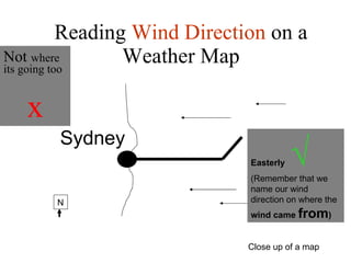Reading  Wind Direction  on a Weather Map Not  where its going too x Sydney N Close up of a map Easterly   √  (Remember that we name our wind direction on where the  wind came  from ) 