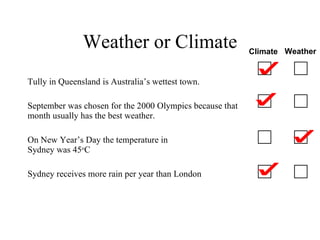 Weather or Climate Tully in Queensland is Australia’s wettest town. September was chosen for the 2000 Olympics because that month usually has the best weather. On New Year’s Day the temperature in  Sydney was 45 o C Sydney receives more rain per year than London Climate Weather 