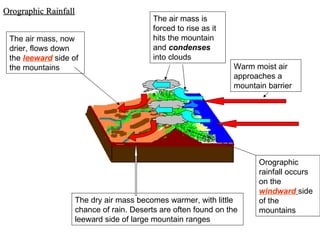 Orographic Rainfall The dry air mass becomes warmer, with little chance of rain. Deserts are often found on the leeward side of large mountain ranges Warm moist air approaches a mountain barrier The air mass is forced to rise as it hits the mountain and  condenses  into clouds Orographic rainfall occurs on the  windward   side of the mountains The air mass, now drier, flows down the  leeward  side of the mountains 