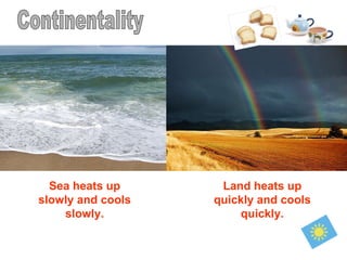 Continentality Sea heats up slowly and cools slowly. Land heats up quickly and cools quickly. 