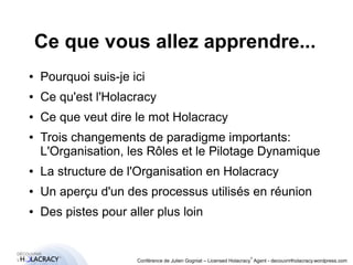 Ce que vous allez apprendre... 
● Pourquoi suis-je ici 
● Ce qu'est l'Holacracy 
● Ce que veut dire le mot Holacracy 
● Trois changements de paradigme importants: 
L'Organisation, les Rôles et le Pilotage Dynamique 
● La structure de l'Organisation en Holacracy 
● Un aperçu d'un des processus utilisés en réunion 
● Des pistes pour aller plus loin 
® 
Conférence de Julien Gogniat – Licensed Holacracy® Agent - decouvrirlholacracy.wordpress.com 
 