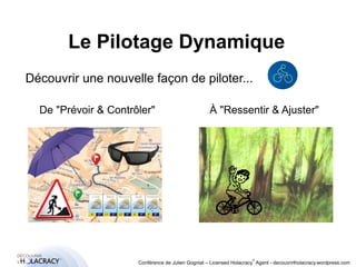 Le Pilotage Dynamique 
Découvrir une nouvelle façon de piloter... 
De "Prévoir & Contrôler" À "Ressentir & Ajuster" 
® 
Conférence de Julien Gogniat – Licensed Holacracy® Agent - decouvrirlholacracy.wordpress.com 
 