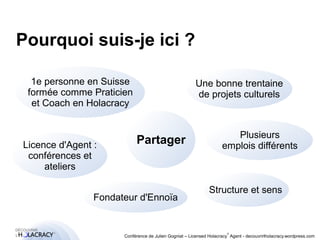 Pourquoi suis-je ici ? 
1e personne en Suisse 
formée comme Praticien 
et Coach en Holacracy 
® 
Une bonne trentaine 
de projets culturels 
Conférence de Julien Gogniat – Licensed Holacracy® Agent - decouvrirlholacracy.wordpress.com 
Licence d'Agent : 
conférences et 
ateliers 
Partager 
Structure et sens 
Fondateur d'Ennoïa 
Plusieurs 
emplois différents 
 