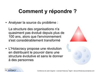 Comment y répondre ? 
● Analyser la source du problème : 
La structure des organisations n'a 
quasiment pas évolué depuis plus de 
100 ans, alors que l'environnement 
s'est considérablement transformé 
● L'Holacracy propose une révolution 
en distribuant le pouvoir dans une 
structure évolutive et sans le donner 
à des personnes 
® 
Conférence de Julien Gogniat – Licensed Holacracy® Agent - decouvrirlholacracy.wordpress.com 
 
