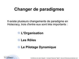 Changer de paradigmes 
Il existe plusieurs changements de paradigme en 
Holacracy, trois d'entre eux sont très importants : 
● L'Organisation 
● Les Rôles 
● Le Pilotage Dynamique 
® 
Conférence de Julien Gogniat – Licensed Holacracy® Agent - decouvrirlholacracy.wordpress.com 
 