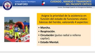 CUIDADO , MANEJO Y TRANSPORTE
DEL PACIENTE CRÍTICO
Carrera: Tecnología Superior en Emergencias Médicas
Asigna la prioridad de la asistencia en
función del estado de funciones vitales
básicas del herido, valorando 4 aspectos:
• Marcha.
• Respiración.
• Circulación (pulso radial o relleno
capilar).
• Estado Mental.
 