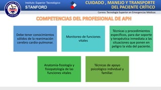 Debe tener conocimientos
sólidos de la reanimación
cerebro cardio-pulmonar.
Monitoreo de funciones
vitales
Técnicas y procedimientos
específicos, para dar soporte
y terapéutica inmediata a las
situaciones que ponen en
peligro la vida del paciente.
Anatomía-fisiología y
fisiopatología de las
funciones vitales
Técnicas de apoyo
psicológico individual y
familiar.
Carrera: Tecnología Superior en Emergencias Médicas
CUIDADO , MANEJO Y TRANSPORTE
DEL PACIENTE CRÍTICO
 