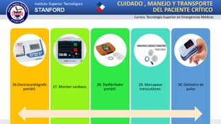 CUIDADO , MANEJO Y TRANSPORTE
DEL PACIENTE CRÍTICO
Carrera: Tecnología Superior en Emergencias Médicas
26.Electrocardiógrafo
portátil.
27. Monitor cardiaco.
28. Desfibrilador
portátil.
29. Marcapaso
transcutáneo.
30. Oxímetro de
pulso
 