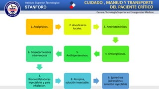 CUIDADO , MANEJO Y TRANSPORTE
DEL PACIENTE CRÍTICO
Carrera: Tecnología Superior en Emergencias Médicas
1. Analgésicos.
2. Anestésicos
locales.
3. Antihistamínicos.
4. Antianginosos.
5.
Antihipertensivos.
6. Glucocorticoides
intravenosos
7.
Broncodilatadores
inyectables y para
inhalación.
8. Atropina,
solución inyectable.
9. Epinefrina
(adrenalina),
solución inyectable
 