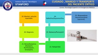 CUIDADO , MANEJO Y TRANSPORTE
DEL PACIENTE CRÍTICO
Carrera: Tecnología Superior en Emergencias Médicas
19. Manitol, solución
inyectable.
20. Magnesio.
21. Benzodiazepinas
(diazepam,
flunitrazepam,
lorazepam).
22. Haloperidol.
23. Naloxona/flumazenil.
24.
Nalbufina/bupremorfina.
25. Bloqueadores
neuromusculares
(opcional).
 