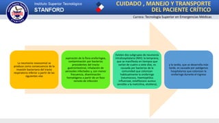 CUIDADO , MANEJO Y TRANSPORTE
DEL PACIENTE CRÍTICO
Carrera: Tecnología Superior en Emergencias Médicas
La neumonía nosocomial se
produce como consecuencia de la
invasión bacteriana del tracto
respiratorio inferior a partir de las
siguientes vías
aspiración de la flora orofaríngea,
contaminación por bacterias
procedentes del tracto
gastrointestinal, inhalación de
aerosoles infectados y, con menor
frecuencia, diseminación
hematógena a partir de un foco
remoto de infección
Existen dos subgrupos de neumonía
intrahospitalaria (NIH): la temprana,
que se manifiesta en tiempos que
varían de cuatro a siete días, es
causada por bacterias de la
comunidad que colonizan
habitualmente la orofaringe
(neumococo, Haemophilus
influenzae, estafilococo aureus
sensible a la meticilina, etcétera),
y la tardía, que se desarrolla más
tarde, es causada por patógenos
hospitalarios que colonizan la
orofaringe durante el ingreso
 
