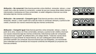 Atribución – No comercial: Esta licencia permite a otros distribuir, remezclar, retocar, y crear
a partir de tu obra de manera no comercial y, a pesar de que sus nuevas obras deben siempre
mencionarte y mantenerse sin fines comerciales, no están obligados a licenciar sus obras
derivadas bajo las mismas condiciones.
Atribución – No comercial – Compartir igual: Esta licencia permite a otros distribuir,
remezclar, retocar, y crear a partir de tu obra de modo no comercial, siempre y cuando te den
crédito y licencian sus nuevas creaciones bajo las mismas condiciones.
Atribución – Compartir igual: Esta licencia permite a otros remezclar, retocar, y crear a
partir de tu obra, incluso con fines comerciales, siempre y cuando te den crédito y licencian
sus nuevas creaciones bajo las mismas condiciones. Esta licencia suele ser comparada
con las licencias “copyleft” de software libre y de código abierto. Todas las nuevas obras
basadas en la tuya portarán la misma licencia, así que cualesquiera obras derivadas
permitirán también uso comercial. Esa es la licencia que usa Wikipedia, y se recomienda
para materiales que se benefician de incorporar contenido de Wikipedia y/o proyectos con
licencias similares.
 