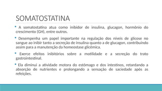 SOMATOSTATINA
 A somatostatina atua como inibidor de insulina, glucagon, hormônio do
crescimento (GH), entre outros.
 Desempenha um papel importante na regulação dos níveis de glicose no
sangue ao inibir tanto a secreção de insulina quanto a de glucagon, contribuindo
assim para a manutenção da homeostase glicêmica.
 Exerce efeitos inibitórios sobre a motilidade e a secreção do trato
gastrointestinal.
 Ela diminui a atividade motora do estômago e dos intestinos, retardando a
absorção de nutrientes e prolongando a sensação de saciedade após as
refeições.
 