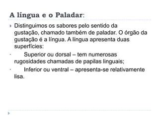 A língua e o Paladar:Distinguimos os sabores pelo sentido da gustação, chamado também de paladar. O órgão da gustação é a língua. A língua apresenta duas superfícies:·        Superior ou dorsal – tem numerosas rugosidades chamadas de papilas linguais; ·        Inferior ou ventral – apresenta-se relativamente lisa.