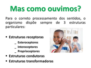 Para o correto processamento dos sentidos, o
organismo dispõe sempre de 3 estruturas
particulares:
 Estruturas receptoras
_ Exteroceptores
_ Interoceptores
_ Proprioceptores
 Estruturas condutoras
 Estruturas transformadoras
Mas como ouvimos?
 