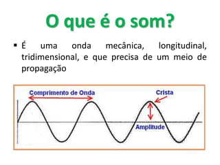  É uma onda mecânica, longitudinal,
tridimensional, e que precisa de um meio de
propagação
O que é o som?
 