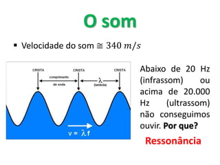  Velocidade do som ≅ 340 𝑚/𝑠
O som
Abaixo de 20 Hz
(infrassom) ou
acima de 20.000
Hz (ultrassom)
não conseguimos
ouvir. Por que?
Ressonância
 