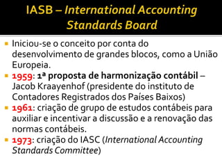  Iniciou-se o conceito por conta do
desenvolvimento de grandes blocos, como a União
Europeia.
 1959: 1ª proposta de harmonização contábil –
Jacob Kraayenhof (presidente do instituto de
Contadores Registrados dos Países Baixos)
 1961: criação de grupo de estudos contábeis para
auxiliar e incentivar a discussão e a renovação das
normas contábeis.
 1973: criação do IASC (International Accounting
Standards Committee)
 