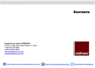 Соціологічна група «РЕЙТИНГ»
01010, м. Київ, вул. Івана Мазепи, 3, оф.3
(+380 44) 254-3693
(+380 44) 254-3694
http://ratinggroup.com.ua/
info@ratinggroup.com.ua
Контакти
https://www.facebook.com/sociological.group.rating http://vk.com/sociological.group.rating https://twitter.com/ratinggroup
 