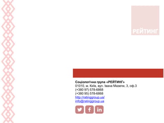 Соціологічна група «РЕЙТИНГ»
01010, м. Київ, вул. Івана Мазепи, 3, оф.3
(+380 97) 578-6868
(+380 95) 578-6868
http://ratinggroup.ua/
info@ratinggroup.ua
 