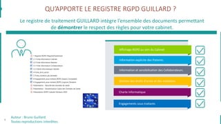 QU’APPORTE LE REGISTRE RGPD GUILLARD ?
Auteur : Bruno Guillard
Toutes reproductions interdites.
5
Le registre de traitement GUILLARD intègre l’ensemble des documents permettant
de démontrer le respect des règles pour votre cabinet.
Affichage RGPD au sein du Cabinet
Information et sensibilisation des Collaborateurs.
Information explicite des Patients.
Charte Informatique
Engagements sous-traitants
Gestion des droits d'accès et des violations
 