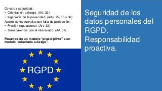 Seguridad de los
datos personales del
RGPD.
Responsabilidad
proactiva.
Construir seguridad:
• Orientación a riesgo. (Art. ...