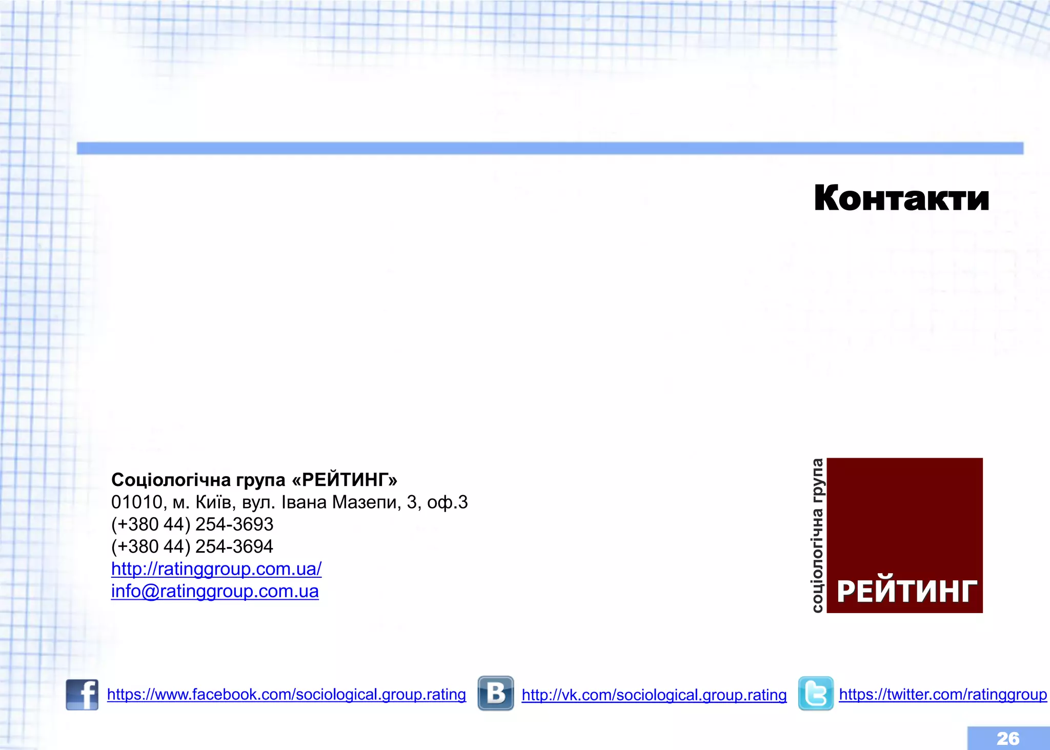 Соціологічна група «РЕЙТИНГ» 
01010, м. Київ, вул. Івана Мазепи, 3, оф.3 
(+380 44) 254-3693 
(+380 44) 254-3694 
http://ratinggroup.com.ua/ 
info@ratinggroup.com.ua 
Контакти 
https://www.facebook.com/sociological.group.rating http://vk.com/sociological.group.rating https://twitter.com/ratinggroup 
26 
