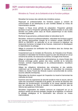 Ministère du Travail, de la Solidarité et de la Fonction publique


                      Mutualiser les bureaux des cabinets des ministères sociaux.
                      Regrouper et professionnaliser les fonctions support (y compris de
                      communication et de statistiques) au sein d’entités dédiées au niveau de
                      l’administration centrale.
                      Intégrer, à l'issue d'une période de préparation, l'Inspection générale
                      jeunesse et sport à l'Inspection générale des affaires sociales et ouvrir cette
                      dernière aux profils juniors issus de l’École polytechnique et des Écoles
                      normales supérieures.
                      Renforcer la gouvernance, professionnaliser et rationaliser les SI.
                      Mutualiser, renforcer la professionnalisation, rationaliser les fonctions support
                      des services déconcentrés chargés de la cohésion sociale (DRJSCS et
                      DDCS ou DDCSPP), en particulier en ce qui concerne la logistique, les
                      ressources humaines, le budget et les finances, notamment en développant
                      la régionalisation du pilotage.
                      Alléger le processus de certification des formations dans les champs des
                      ministères sociaux.
                      Conjointement avec le ministère de l’Économie, de l’Industrie et de l’Emploi,
                      mutualiser et rationaliser les fonctions support au sein des Direccte en ce qui
                      concerne les achats, les ressources humaines, le budget et les finances.
                      Alléger et rationaliser les démarches administratives du champ Emploi des
                      Direccte (chômage partiel, gestion des indus, contrôle de la recherche
                      d’emploi, contrats d’apprentissage et de professionnalisation, travailleurs
                      handicapés).
                      Alléger les obligations déclaratives des entreprises et des salariés,
                      notamment par la réutilisation de données, et rationaliser les processus
                      métiers du champ Travail des Direccte (rupture conventionnelle de contrat,
                      accords collectifs d’entreprise).
                      Rationaliser les fonctions support de l’inspection du travail et harmoniser les
                      méthodes de travail.
                      Examiner avec les organismes de sécurité sociale la mise en œuvre, dans le
                      cadre des conventions d’objectifs et de gestion, de normes de réduction des
                      dépenses de fonctionnement, d’immobilier et de masse salariale prévues
                      pour les opérateurs de l’État et travailler à la présentation d’un plan de
                      réforme des systèmes d’information.
                      Mutualiser l’organisation de certains concours en s’appuyant sur un ou
                      plusieurs centres de services partagés chargés de la logistique, et renforcer
                      le pilotage stratégique et la coordination des concours au niveau
                      interministériel.


Note : les mesures partagées entre deux ministères sont listées deux fois (une fois sous chacun des deux ministères). Cela permet
d’afficher toutes les mesures partagées, dites ‘miroirs’.

                                                                                     Les nouvelles mesures RGPP – page 5/10
 