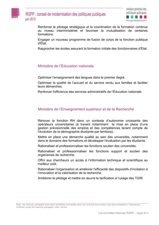 Renforcer le pilotage stratégique et la coordination de la formation continue
                      au niveau interministériel et favoriser la mutualisation de certaines
                      formations.
                      Engager un nouveau programme de fusion de corps de la fonction publique
                      d'État.
                      Rapprocher les écoles assurant la formation initiale des fonctionnaires d'État.




                      Ministère de l’Éducation nationale


                      Optimiser l’enseignement des langues dans le premier degré.
                      Optimiser la qualité de l’accueil et du service rendu aux familles et faciliter
                      leurs démarches.
                      Renforcer l’efficience des services administratifs de l’Éducation nationale.




                      Ministère de l’Enseignement supérieur et de la Recherche


                      Rénover la fonction RH dans un contexte d’autonomie croissante des
                      opérateurs universitaires (à travers notamment la mise en place d’une
                      gestion prévisionnelle des emplois et des compétences tenant compte de
                      l’évolution de la démographie étudiante par territoire).
                      Mettre en place une démarche qualité au sein des universités, notamment
                      dans le domaine des formations et développer l’évaluation par les étudiants.
                      Rationaliser et professionnaliser les fonctions soutien des universités.
                      Rationaliser et professionnaliser les fonctions support et soutien des
                      organismes de recherche.
                      Offrir aux chercheurs un accès à l’information technique et scientifique au
                      meilleur coût.
                      Rationaliser l’organisation et améliorer l’efficacité des dispositifs d’incitation à
                      l’innovation et la valorisation de la recherche.
                      Améliorer le pilotage et mettre en œuvre la tarification à l’usage des TGIR.




Note : les mesures partagées entre deux ministères sont listées deux fois (une fois sous chacun des deux ministères). Cela permet
d’afficher toutes les mesures partagées, dites ‘miroirs’.

                                                                                     Les nouvelles mesures RGPP – page 6/10
 
