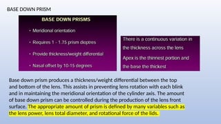 BASE DOWN PRISM
Base down prism produces a thickness/weight differential between the top
and bottom of the lens. This assists in preventing lens rotation with each blink
and in maintaining the meridional orientation of the cylinder axis. The amount
of base down prism can be controlled during the production of the lens front
surface. The appropriate amount of prism is defined by many variables such as
the lens power, lens total diameter, and rotational force of the lids.
 